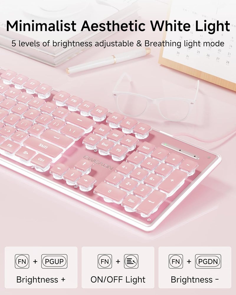 SEUNKWANG EWEADN GX710S Backlit Computer Keyboards, Wired USB Keyboard with White Backlit, Metal Panel, Plug and Play, Pudding Keycaps Full Size Quite Computer Keyboard for Win/PC/Laptop-Pink - Image 5